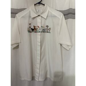 FoxCroft dog embroidered grandma core short sleeve button up blouse womens 14 L